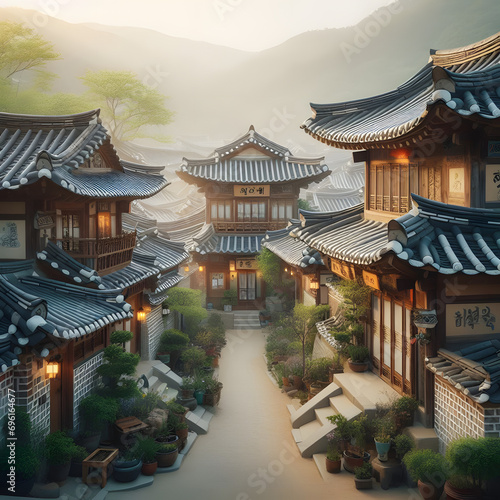 Hanok  a traditional Korean house  with an alley in the center  a friendly landscape  a tile-roofed house  and a folk village. Generative AI