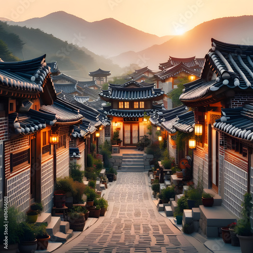 Hanok, a traditional Korean house, with an alley in the center, a friendly landscape, a tile-roofed house, and a folk village. Generative AI photo