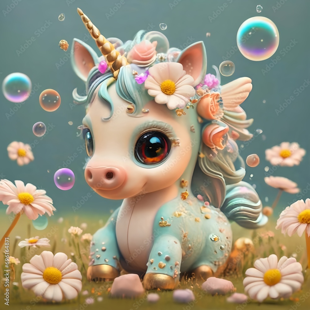 Fototapeta premium in pastel colors Cute 3d baby unicorn wearing flowers on its head, floating bubbles, cute flowers and small details, bright, cinematic, 3d render