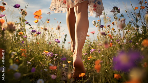 Bare Feet Walking Through Flower Fields. Generative AI. photo