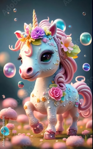 in pastel colors Cute 3d baby unicorn wearing flowers on its head  floating bubbles  cute flowers and small details  bright  cinematic  3d render