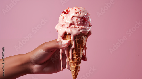 Melting Pink Cone Ice Cream Dripping Down with Pink Background. Generative AI.