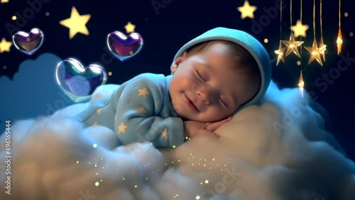 Lullaby For Babies video animation template looping Cute baby sleep at night on cloud with stars, for live wallpaper