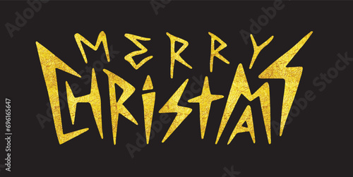 Merry Christmas golden foil lettering in rock metal style. Party celebration card. Vector illustration.