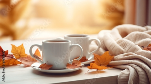  a beautifully styled mockup featuring two white coffee mugs placed on a rustic wooden table, adorned with a cozy woolen scarf and surrounded by vibrant fall maple leaves
