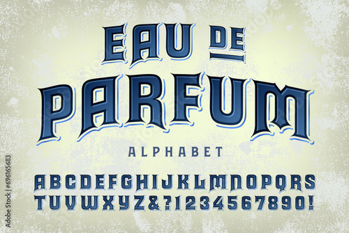 Eau de Parfum is an antique style alphabet with elegance and panache. Would make a good logo lettering style for high end boutique products.