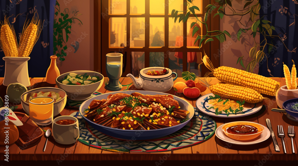 A cozy backyard setting with a rustic wooden table adorned with traditional Festa Junina decorations, showcasing canjica, paçoca, and corn on the cob arranged on festive plates