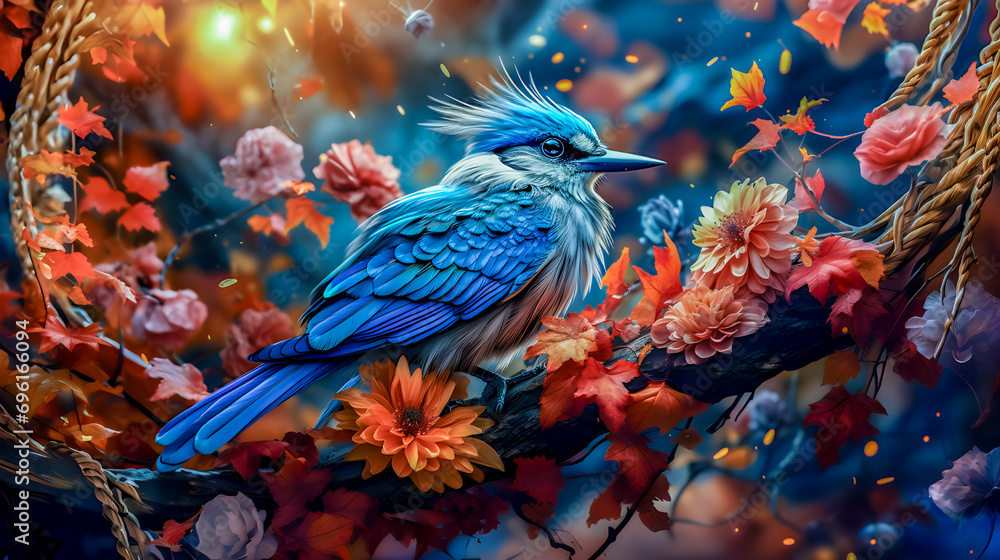 A beautiful blue bird sits on a colorful flower vine against a colorful background.