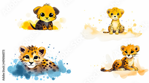 Watercolor style of set of leopard cubs in various poses.