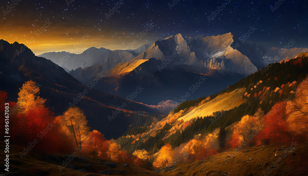 Vibrant autumn mountain landscape, golden foliage, serene atmosphere, scenic beauty, tranquil nature