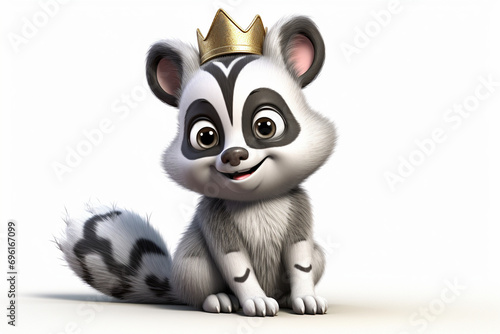 3D cartoon character of a raccoon wearing a cute crown © Julaini