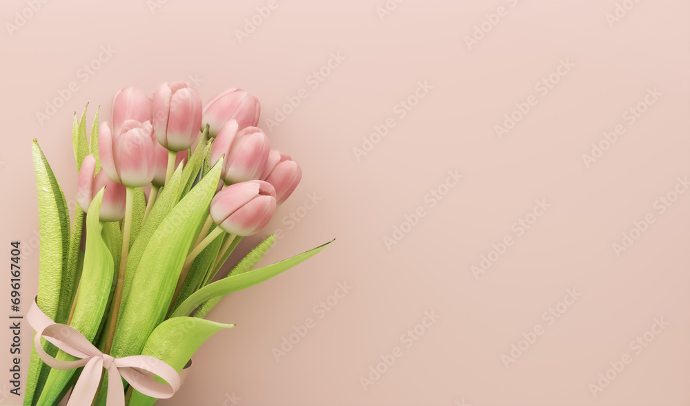 Welcome signboard mockup with international Women's Day, Valentine's Day. Gift of flowers. Pink tulips on pastel background, spring bouquet. 3d render of online flower delivery.