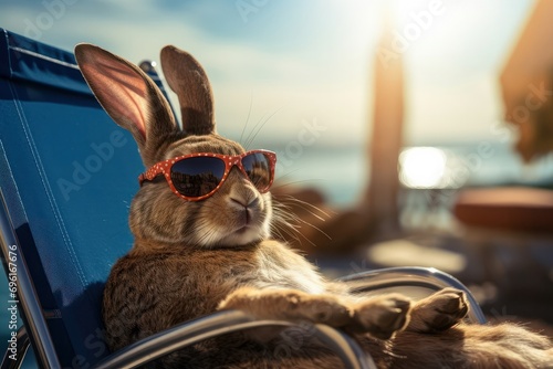 Cool bunny in sunglasses lying on chaise longue on the beach close up. Travel and vacation concept. funny rabbit relaxing on sunbed photo
