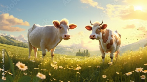 A playful interaction between two 3D cows in a sunlit meadow, showcasing the social nature of these animals