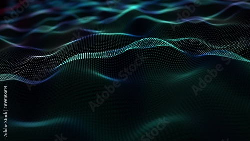Abstract 3D loop rendering technology green blue digital dots wire frame wave background concept . 4K seamless loop beautiful motion waving dots texture with glowing de-focused particles. Science, photo