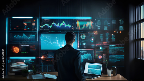  Businessman or data scientist working on laptop with business dashboard analytics chart metrics KPI to analyze the performance and create insign reports of business management. Data science concept
