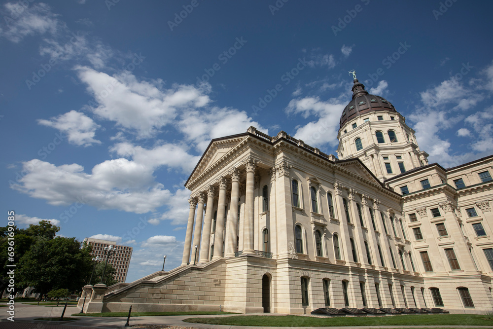 Afternoon view of the historic state capitol building of downtown Topeka, Kansas, USA.
