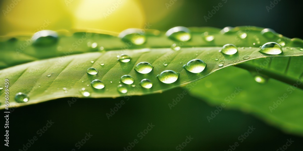 Macro photography captures the beauty of large, transparent rainwater drops on a lush green leaf, glistening in the morning sunlight. Macro photography captures the beauty of large, transparent rainwater drops on a lush green leaf, glistening in the morning sunlight.