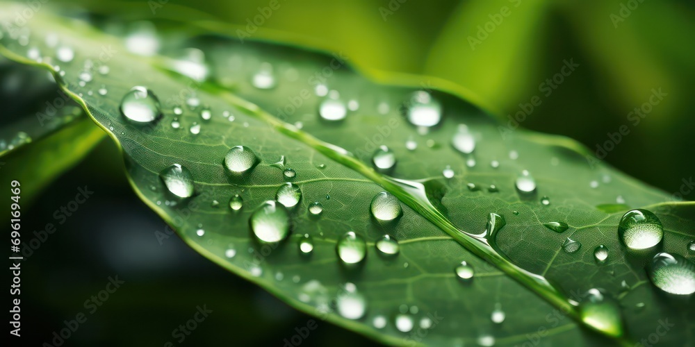 Macro photography captures the beauty of large, transparent rainwater drops on a lush green leaf, glistening in the morning sunlight. Macro photography captures the beauty of large, transparent rainwater drops on a lush green leaf, glistening in the morning sunlight.