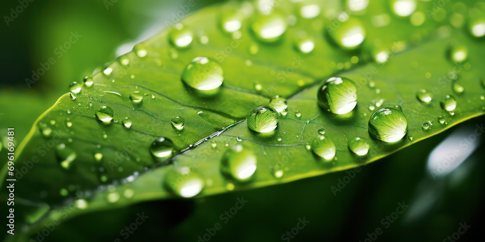Macro photography captures the beauty of large, transparent rainwater drops on a lush green leaf, glistening in the morning sunlight. Macro photography captures the beauty of large, transparent rainwater drops on a lush green leaf, glistening in the morning sunlight.