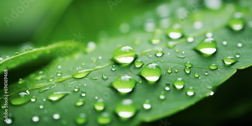 Macro photography captures the beauty of large, transparent rainwater drops on a lush green leaf, glistening in the morning sunlight.