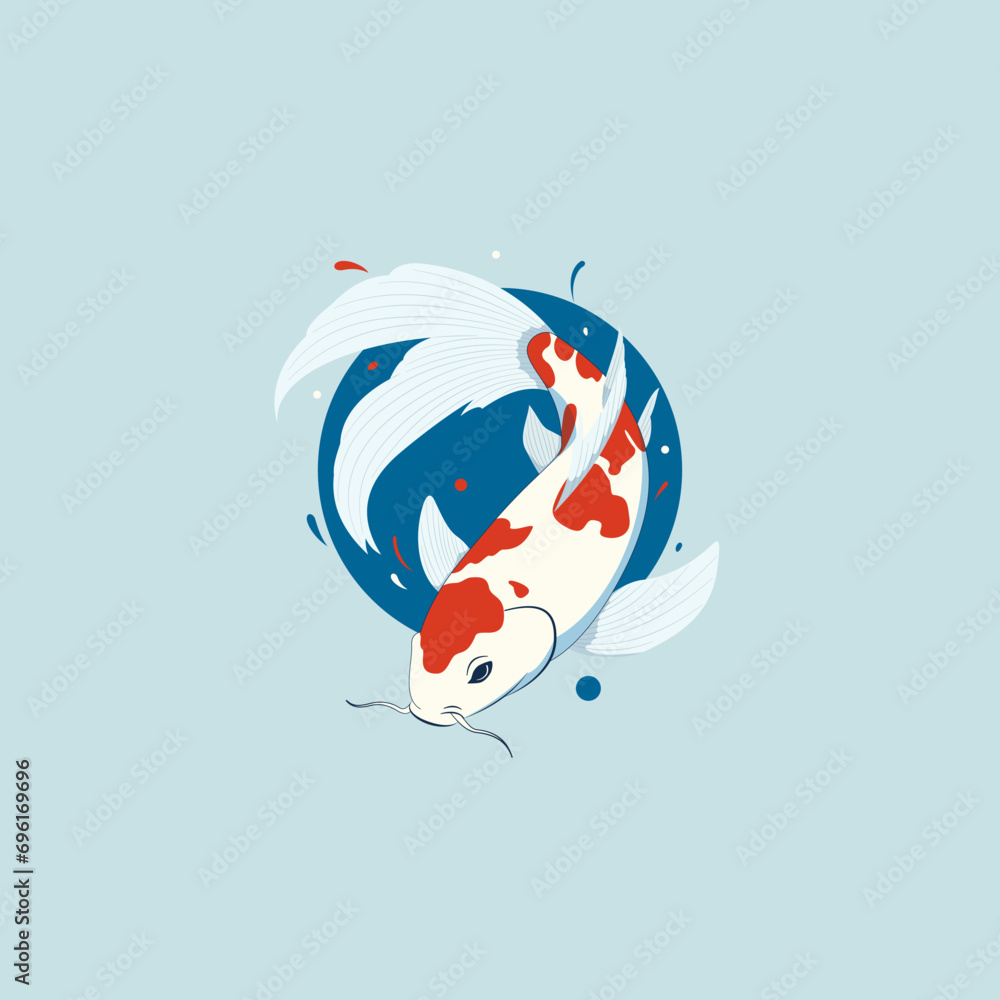 Ryba koi na tle niebieskiej elipsy. Ilustracja wektorowa karpia japońskiego. - obrazy, fototapety, plakaty 