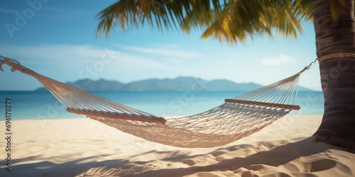 The beach hammock on a tropical beach, ready for a day of relaxation Golden sand meets the tranquil blue sea, creating a summer beach backdrop. © Nattadesh