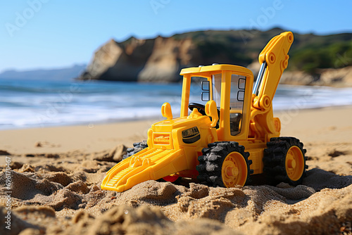 Backhoe toy yellow plastic on beach sand