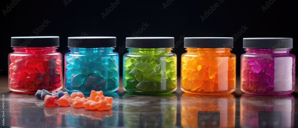 Colorful assortment of gummy vitamins in transparent bottles with dark background to highlight nutritional supplements for health maintenance. Healthy diet supplements.