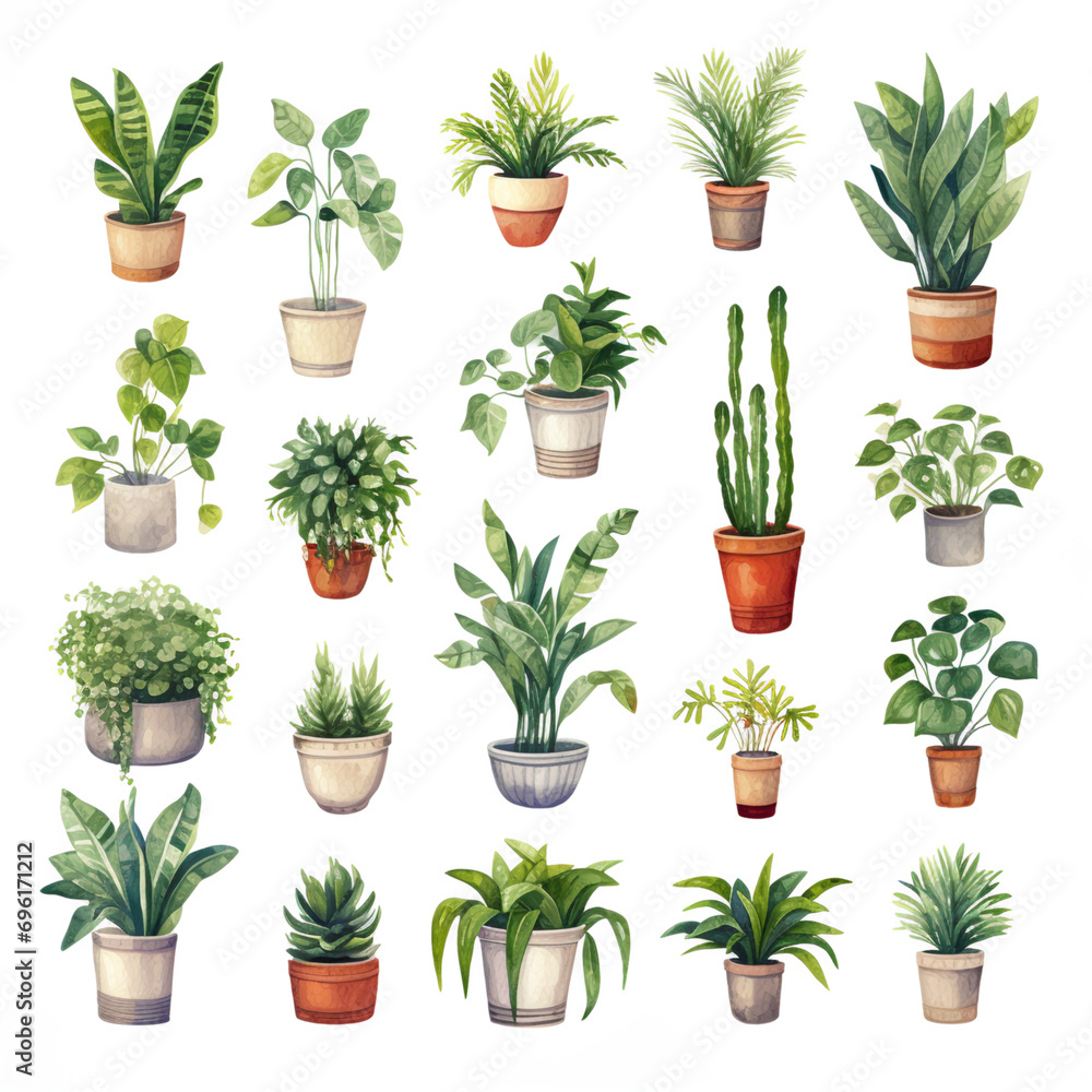 Fototapeta premium 様々な種類の鉢植えの観賞植物の水彩イラストセット