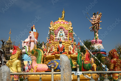 Large outdoor statues of Phra Phit Ganesha and Guan Yin Goddess Buddhist arts and various arts Inside Wat Saeng Kaew Phothiyan. Located at Chiang Rai Province in Thailand.