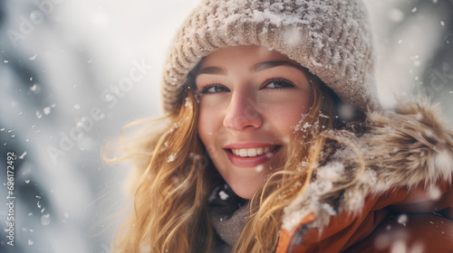 a beautiful woman smiling in a winter blizzard. generative AI