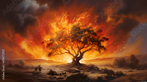 In the serene desert, Moses, a humble shepherd, witnesses a celestial spectacle—the burning bush. Radiating an ethereal glow, the bush, untouched by the flames, becomes a conduit for the divine. photo