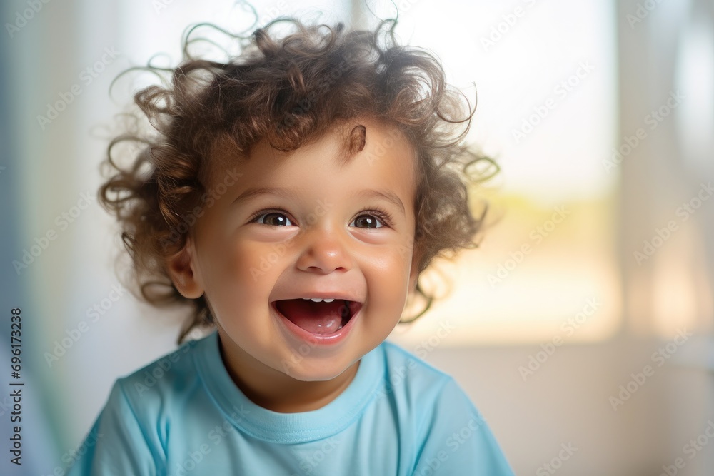 Joyful toddler with curly hair laughing indoors. Childhood happiness. Joyful toddler with curly hair laughing indoors. Childhood happiness.