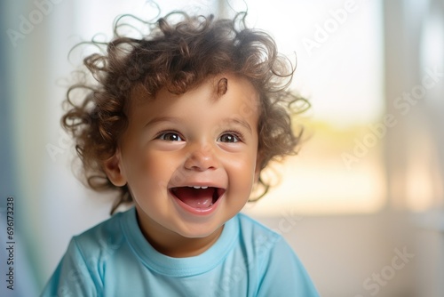 Joyful toddler with curly hair laughing indoors. Childhood happiness.