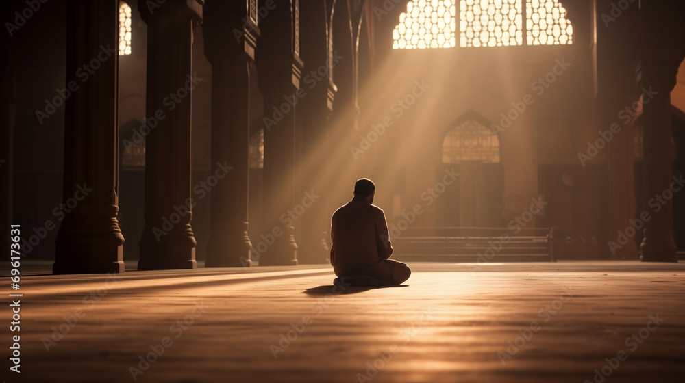 muslim man praying in mosque, ramadan Kareem concept, islamic background, Generative AI - obrazy, fototapety, plakaty 