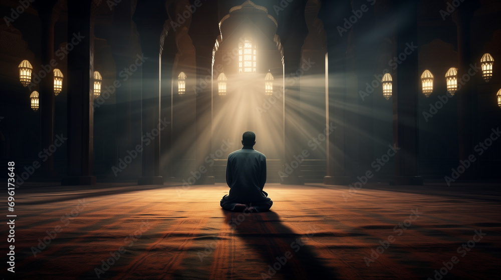 muslim man praying in mosque, ramadan Kareem concept, islamic background, Generative AI - obrazy, fototapety, plakaty 