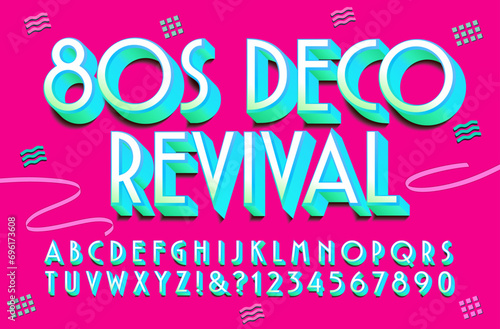 A 1980s style alphabet, using a revival lettering style from 1920s art deco; with a bright and saturated eighties color scheme.