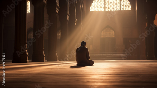 muslim man praying in mosque, ramadan Kareem concept, islamic background, Generative AI photo