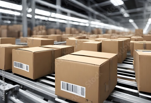 A busy warehouse with boxes moving on the conveyor belt, for more efficiency, generative ai