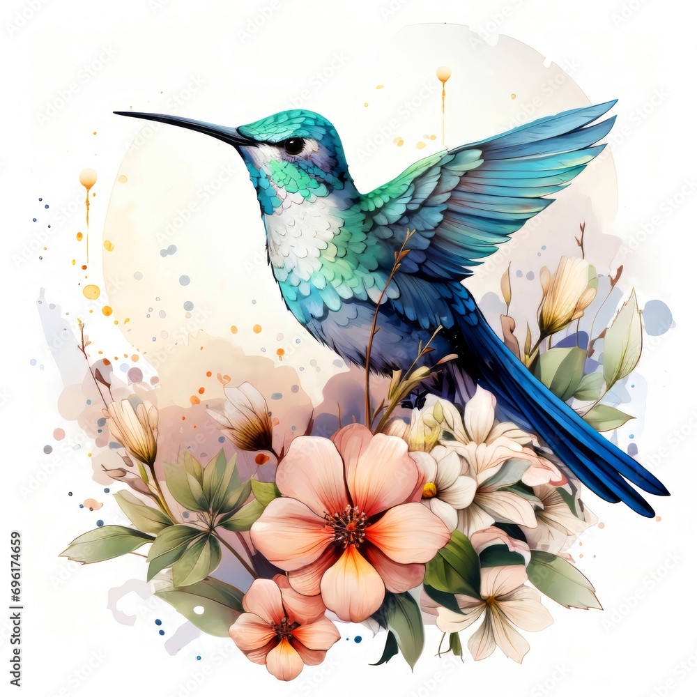 Beautiful watercolor illustration of a hummingbird with flowers isolated on a white background
