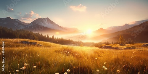 Beautiful sunrise in the mountains, where a meadow landscape is refreshed by the gentle sunrays and bathed in golden bokeh