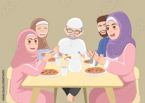 Cartoon happy muslim family, cute little girl wearing hijab, bearded grandfather and father, grandmother and mother having iftar dinner together at table, eid adha mubarak Vector Illustration
