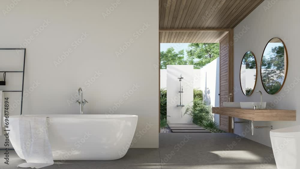 Animation of modern contemporary loft bathroom with outdoor shower 3d