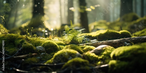 Closeup look at the moss in the forest with sunlight shimmering