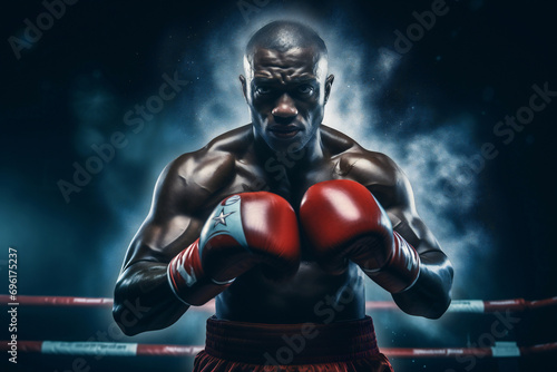 A focused boxer stands resilient in the ring's spotlight against a dark, intense backdrop.
