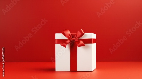 Wallpaper Mural White gift box with red ribbon on red background. Holiday present and celebration. Torontodigital.ca