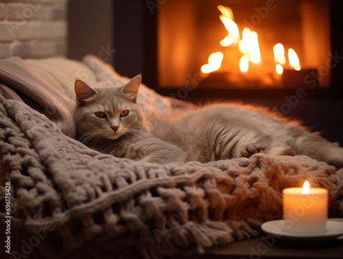 A beautiful cozy winter or autumn interior in beige. A cat in a plaid on the couch, burning candles, fireplace. The concept of comfort. Photorealistic. 
