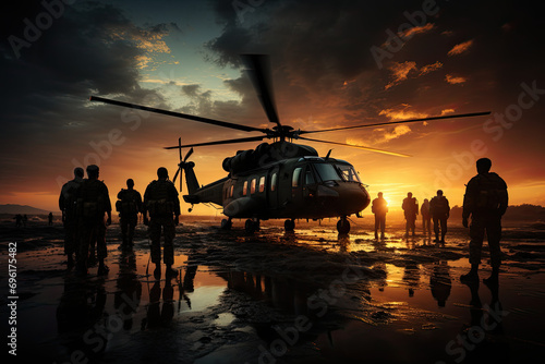 Silhouettes of armed soldiers with a helicopter overhead at dusk, depicting military operations and wartime mobilization photo