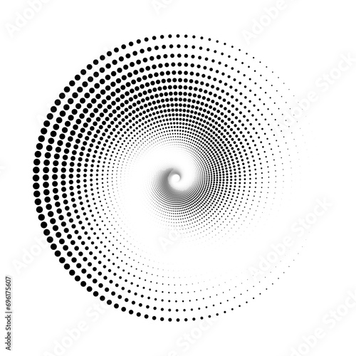 Dotted spiral lines element. Radial spinning halftone form. Circle swirl dots shape. Abstract halftone geometric sign for poster, banner, logo, icon, presentation, booklet. Vector optical art